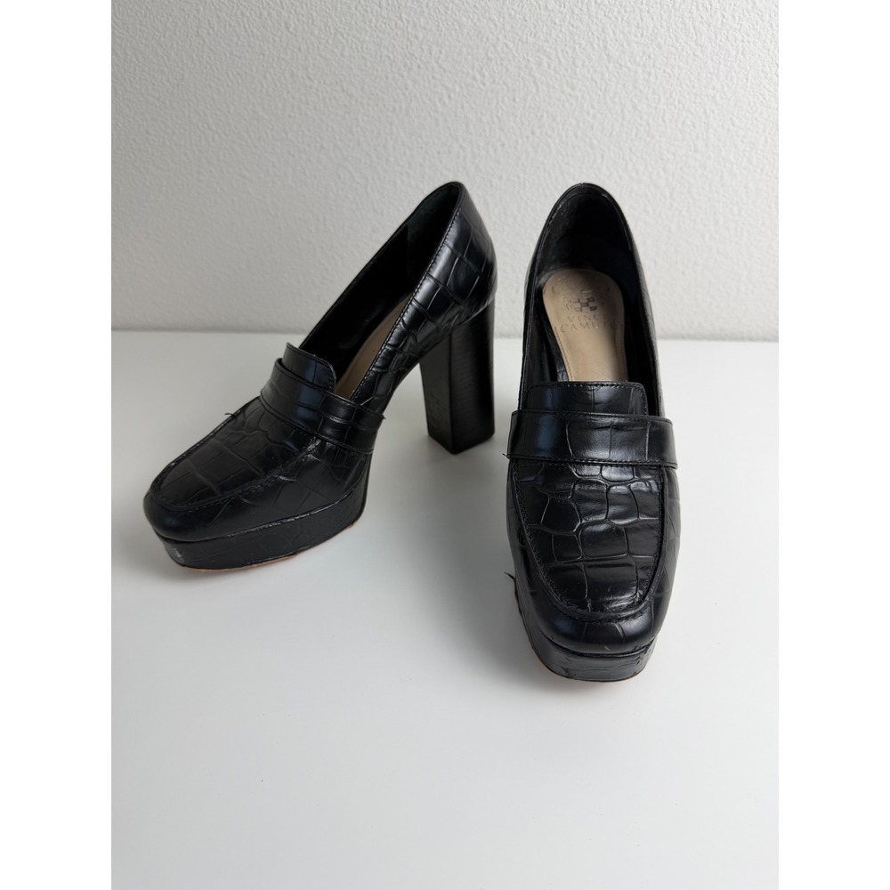 Vince Camuto Croc Embossed Platform Loafer Heels 8M Black Y2K Dark Academia